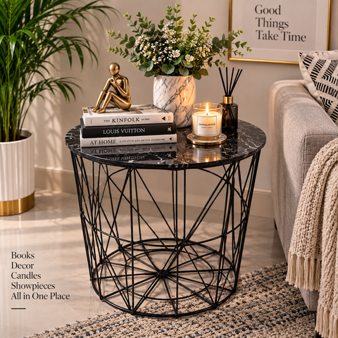 Modern Wooden Top Side Table – Black Metal Frame