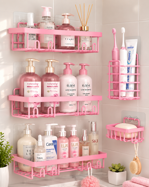 Pink Adhesive Bathroom Corner Shelf Set – 5 Pcs Wall Mounted Organizer