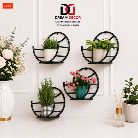 Set of 4 Round Metal Wall-Mounted Plant Holder Shelves