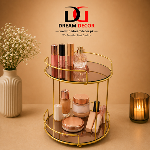 Gold Metal Makeup Holder with Mirror Tray