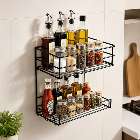 2-Tier Wall Mounted Kitchen Spice Rack – Black Metal Organizer Shelf