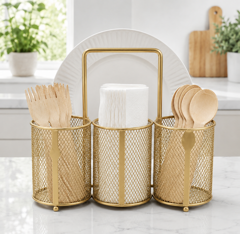 3-Compartment Metal Cutlery & Plate Organizer Stand