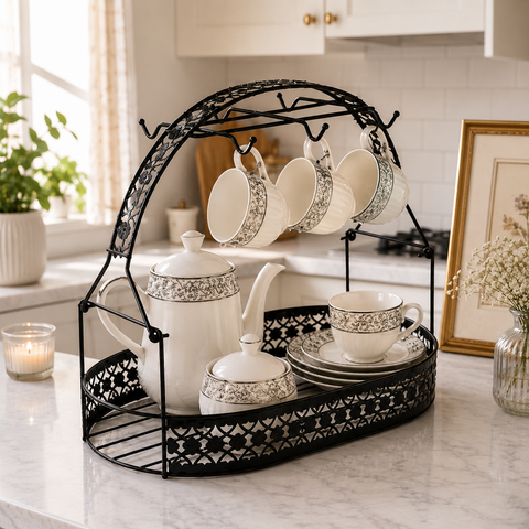 Premium Metal Tea Cup & Teapot Organizer Stand