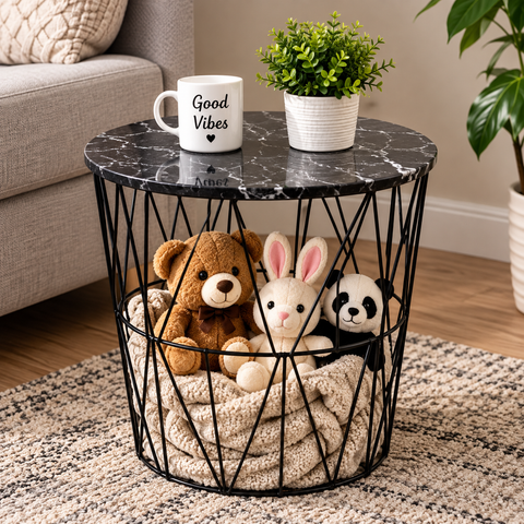 Modern Wooden Top Side Table – Black Metal Frame