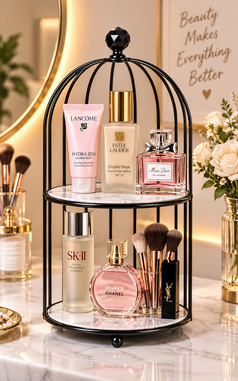 Elegant 2-Tier Black Birdcage Makeup Organizer – Vanity & Cosmetic Holder