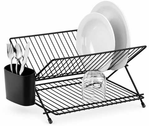 2-Tier Metal Dish Rack with Cutlery Holder – Black