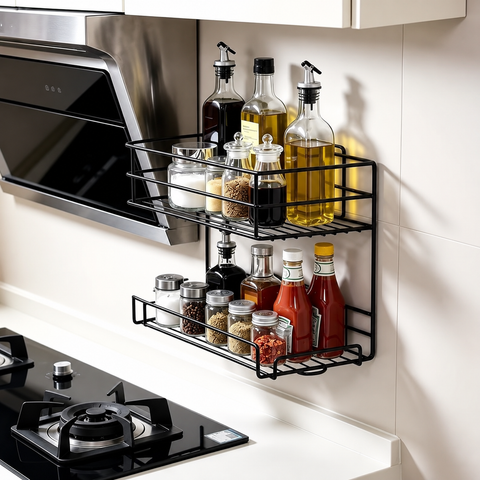 2-Tier Wall Mounted Kitchen Spice Rack – Black Metal Organizer Shelf