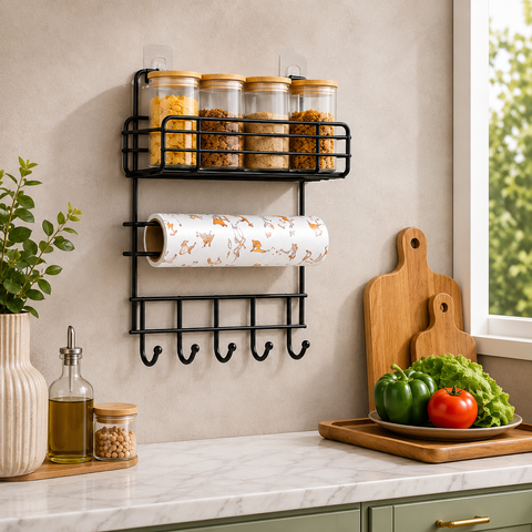 Wall Mounted Kitchen Organizer Rack with Paper Towel Holder & Hooks – Black