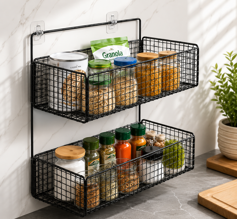 2-Tier Wall Mounted Kitchen Storage Basket Rack