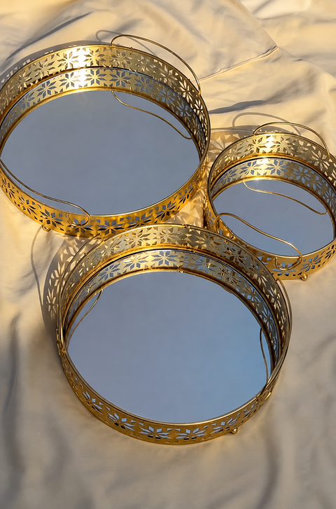 Luxury Golden Round Metal Tray – Mirror Base Decorative Organizer