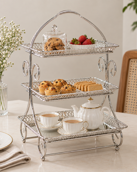 Luxury 3-Tier Silver Serving Stand – Elegant Tea & Dessert Organizer