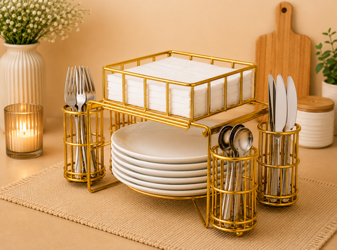 3-in-1 Luxury Metal Buffet Organizer – Plate, Cutlery & Napkin Holder