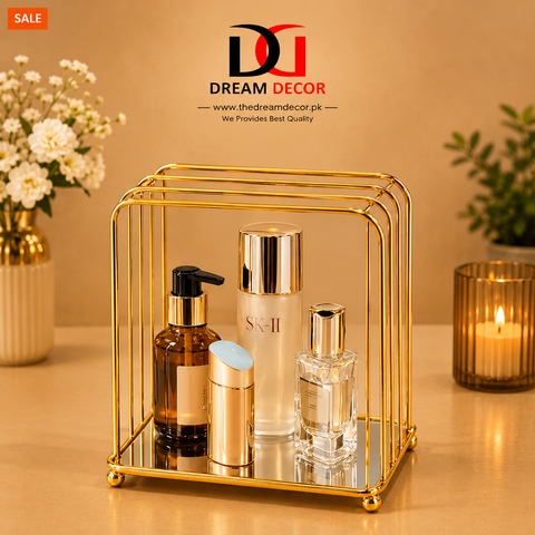 Gold Metal Makeup Organizer with Mirror Tray (Cosmetic Storage Rack)