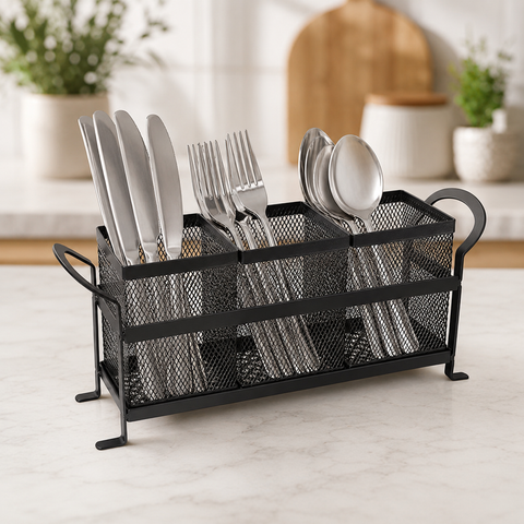 3-Compartment Metal Mesh Cutlery Organizer with Handle