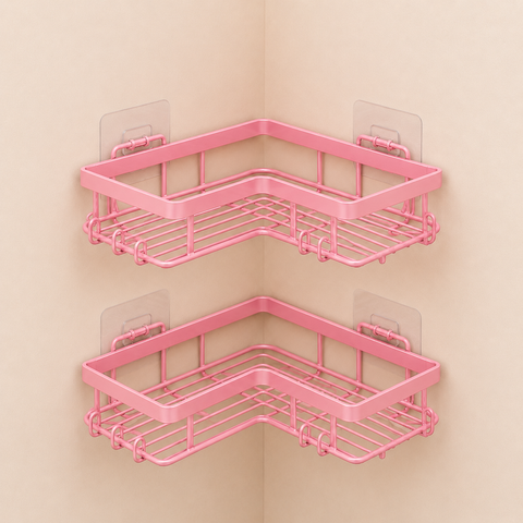 2-Tier Pink Corner Bathroom Shelf | Wall Mounted Shower Organizer Rack