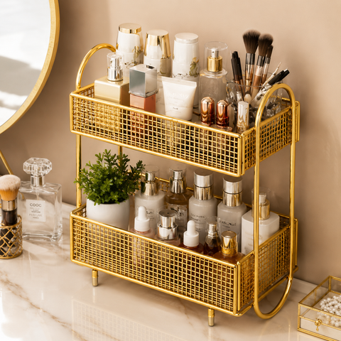 Golden 2-Tier Makeup & Skincare Organizer Rack