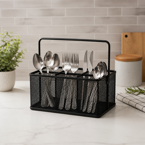 Premium Metal Mesh Cutlery & Stationery Organizer Basket with Handle