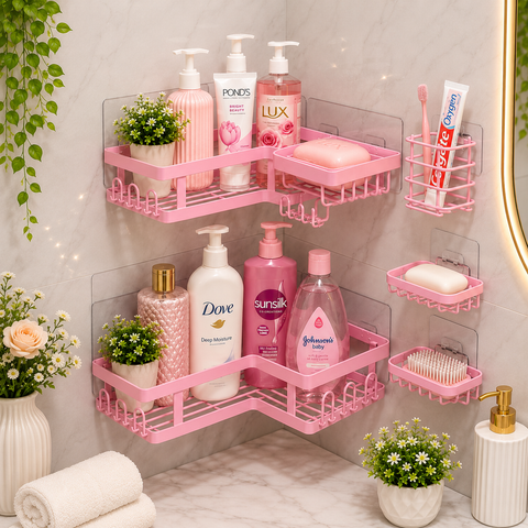 2-Tier Pink Corner Bathroom Shelf | Wall Mounted Shower Organizer Rack