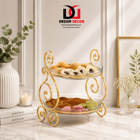Luxury 2-Tier Gold Glass Serving Stand – Dessert, Fruit & Cake Display Tray