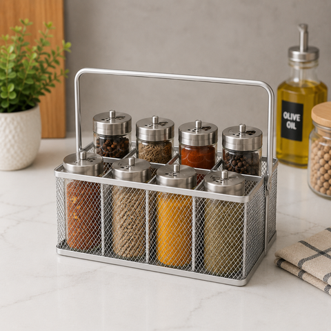 Premium Metal Mesh Cutlery & Stationery Organizer Basket with Handle