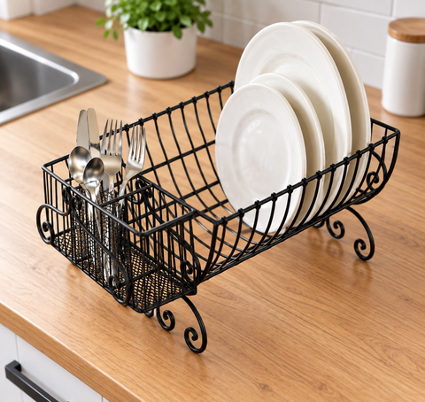 Premium Black Metal Dish Rack with Cutlery Holder | Kitchen Plate Organizer