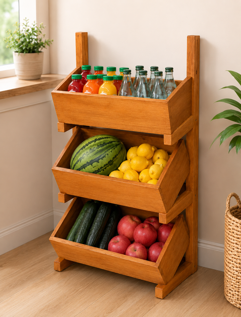 3 Tier Wooden Fruit & Vegetable Storage Rack – Multipurpose Kitchen Organizer