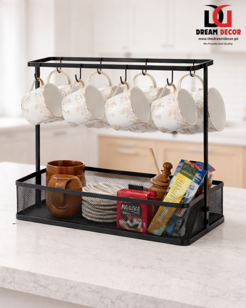 Elegant Countertop Mug Holder With Storage Basket – 6 Cup Hanging Rack
