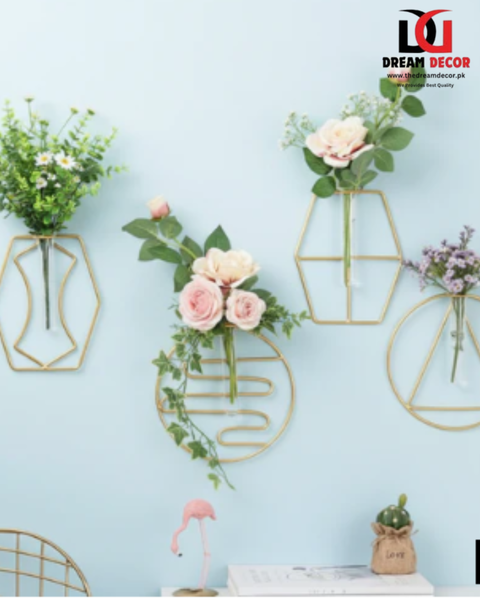 Modern Metal Wall Hanging Vase Set – Geometric Floral Wall Decor (4 Pcs)