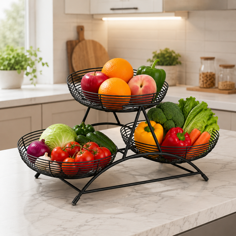 Luxury 3-Tier Wire Fruit Basket & Vegetable Storage Organizer Stand for Kitchen