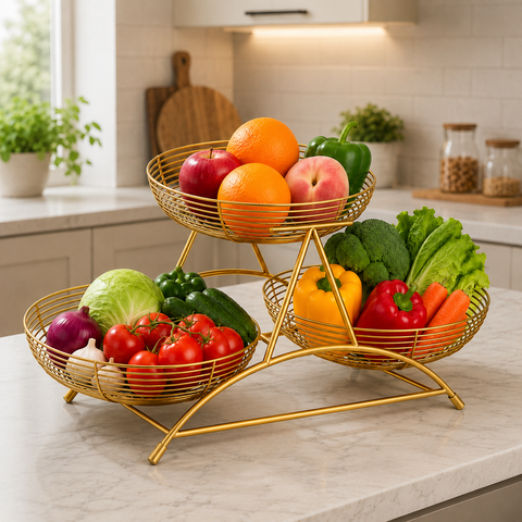 Luxury 3-Tier Wire Fruit Basket & Vegetable Storage Organizer Stand for Kitchen