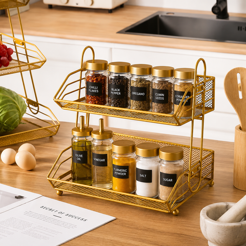 Modern Gold Double-Layer Kitchen Countertop Organizer Rack