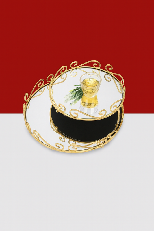European Glass Mirror Ornate Decorative Flat Tray Gold Jewelry Tray Golden Vanity Tray Mirror