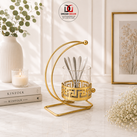 Elegant Golden Spoon Holder with Glass Container