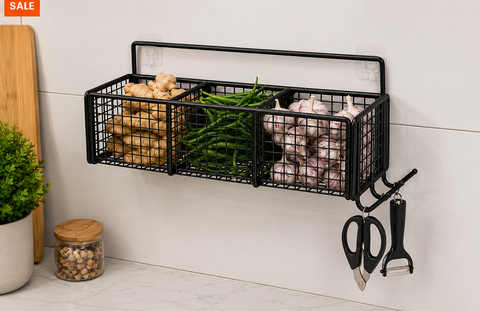 3-Compartment Wall Mounted Kitchen Storage Basket with Dual Hooks