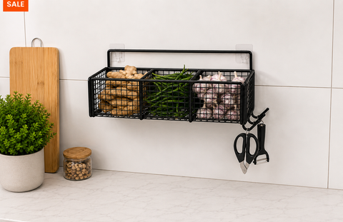 3-Compartment Wall Mounted Kitchen Storage Basket with Dual Hooks