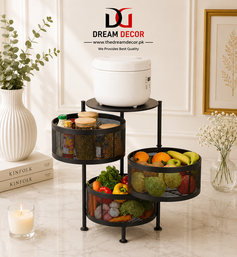 Rotating Storage Trolley, Black, Metal, Space-Saving Kitchen Shelf
