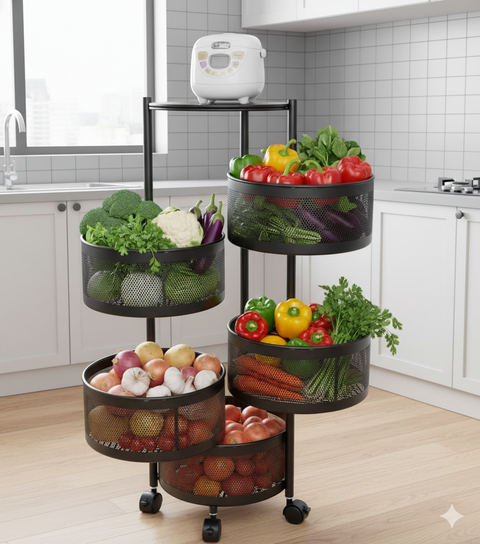 Rotating Storage Trolley, Black, Metal, Space-Saving Kitchen Shelf