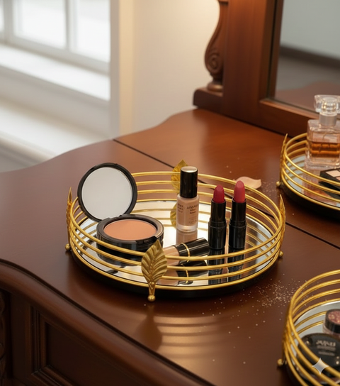 Elegant Round Metal & Mirror Serving Tray