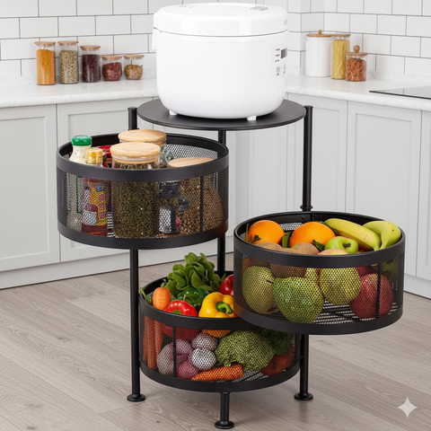 Rotating Storage Trolley, Black, Metal, Space-Saving Kitchen Shelf