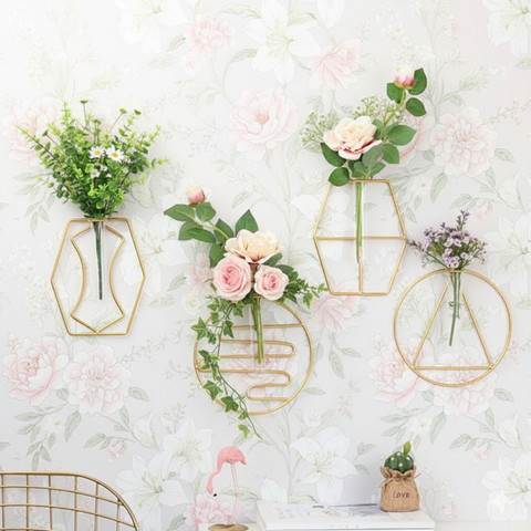 Modern Metal Wall Hanging Vase Set – Geometric Floral Wall Decor (4 Pcs)