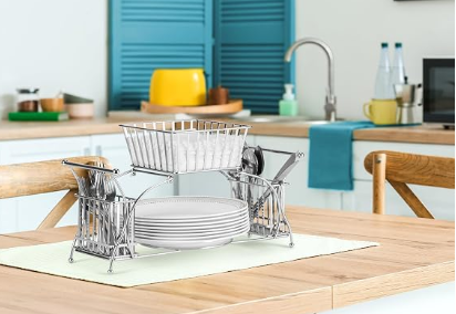 2 Tier Metal Dish Drying Rack with Cutlery Holder & Bowl Basket