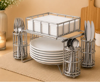 3-in-1 Luxury Metal Buffet Organizer – Plate, Cutlery & Napkin Holder