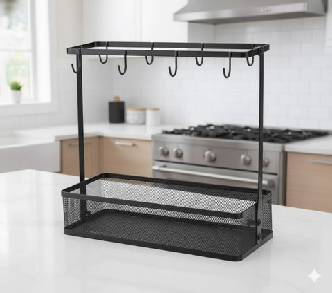 Elegant Countertop Mug Holder With Storage Basket – 6 Cup Hanging Rack