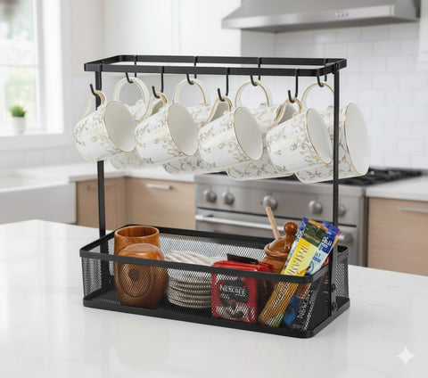 Elegant Countertop Mug Holder With Storage Basket – 6 Cup Hanging Rack