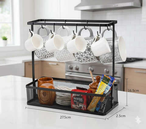 Elegant Countertop Mug Holder With Storage Basket – 6 Cup Hanging Rack