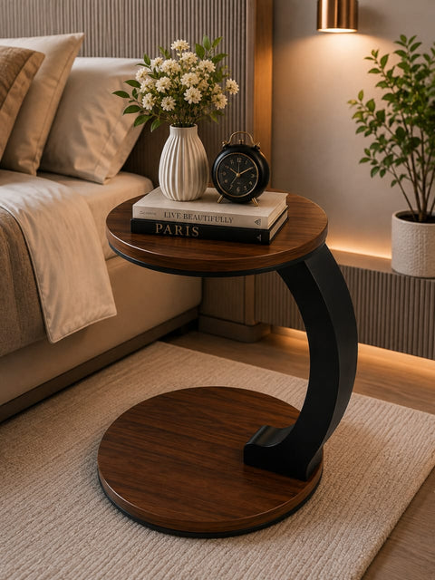 Luxury 2-Tier Wooden Top Side Table – Modern C-Shaped Accent Table