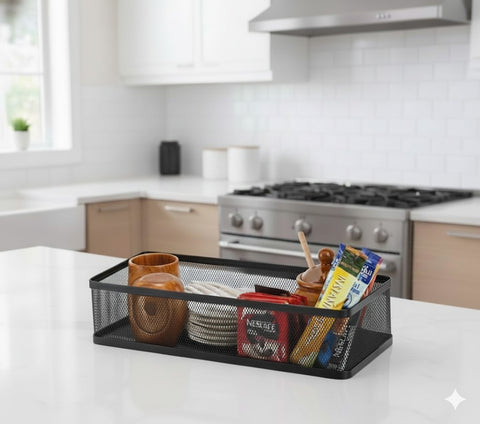 Elegant Countertop Mug Holder With Storage Basket – 6 Cup Hanging Rack