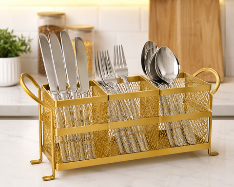 Premium Golden 3-Section Cutlery Organizer – Kitchen Utensil Holder