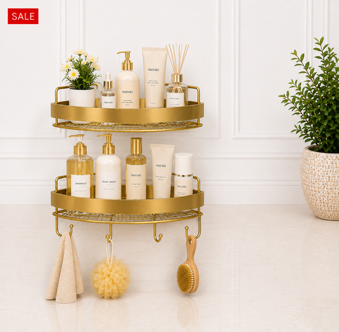 Luxury 2-Tier Golden Bathroom Corner Rack with Hooks