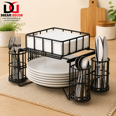 3-in-1 Luxury Metal Buffet Organizer – Plate, Cutlery & Napkin Holder